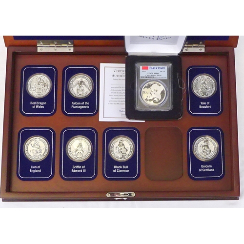 326 - Seven The Queen's Beasts coins, The Danbury Mint, each boxed with collectors' case;  a China 10Y Pan... 