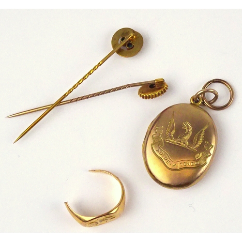 363 - Two yellow metal stick pins; a photograph locket; a Chinese yellow metal ring, a/f cut and partial. ... 