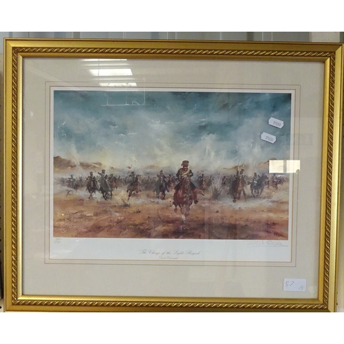 57 - A modern print, “A time for Heroes”, three further military battle scene prints and a print of dog’s... 