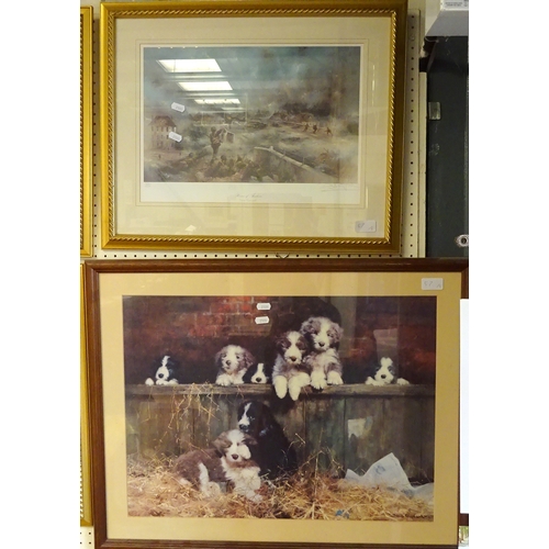 57 - A modern print, “A time for Heroes”, three further military battle scene prints and a print of dog’s... 