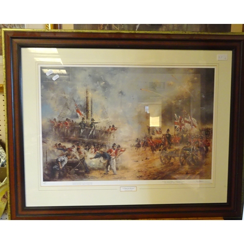 57 - A modern print, “A time for Heroes”, three further military battle scene prints and a print of dog’s... 