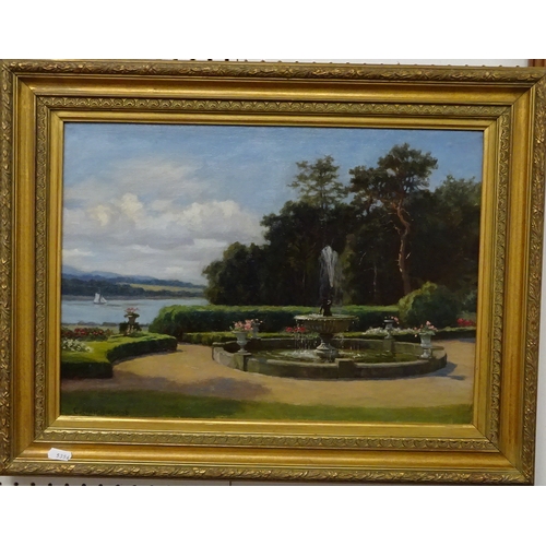 208 - Landscape view across stately gardens to lake, oil on canvas painting bearing signature C Haigh-Wood... 