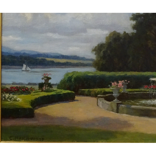 208 - Landscape view across stately gardens to lake, oil on canvas painting bearing signature C Haigh-Wood... 