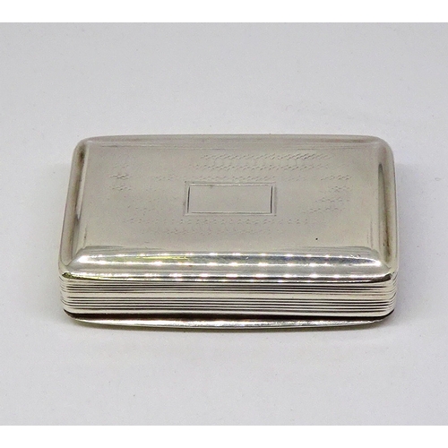 454 - A snuff box, silver having engine turned decoration with central cartouche with name 