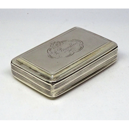 454 - A snuff box, silver having engine turned decoration with central cartouche with name 