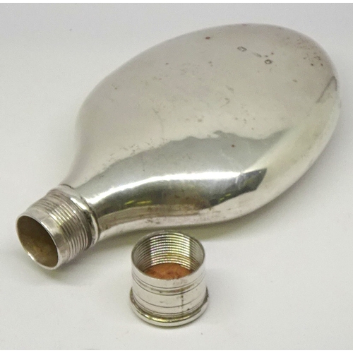 457 - A spirits flask, polished silver having unmarked screw cap.  Nathaniel Mills, Birmingham 1852.  92gr... 