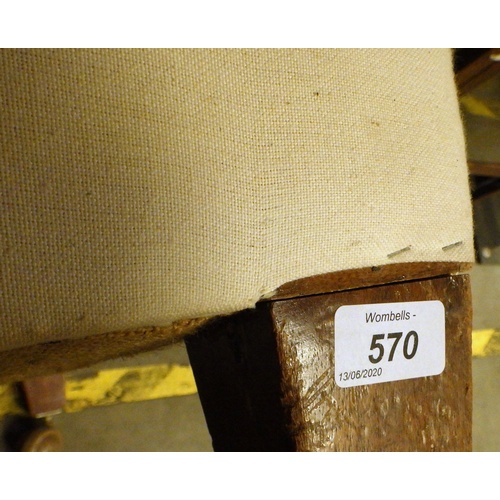 570 - An Edwardian upholstered sofa on later ball castors, legs reduced, a/f loose joints, general poor co... 