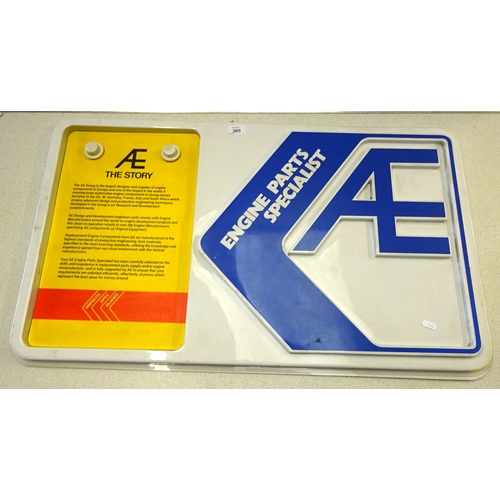 365 - A AE engine parts specialists advertising sign, 87 cm wide.