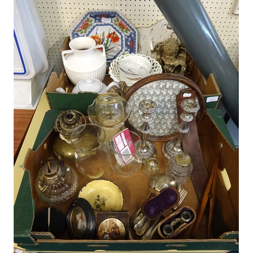 367 - Two boxes misc collectables to include binoculars, oil lamps, wall lights, plated ware ceramics, blu... 