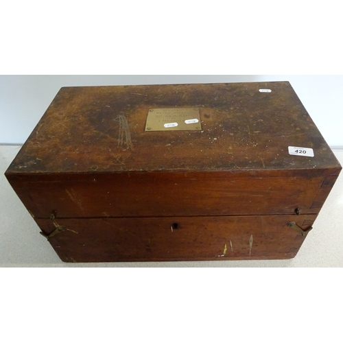 420 - A large standard metric weights carrying case with brass plaque, no weights.