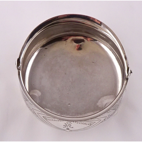 11 - A Russian white metal swing handle bowl on three ball feet, 98mm diameter; a Russian white metal fid... 