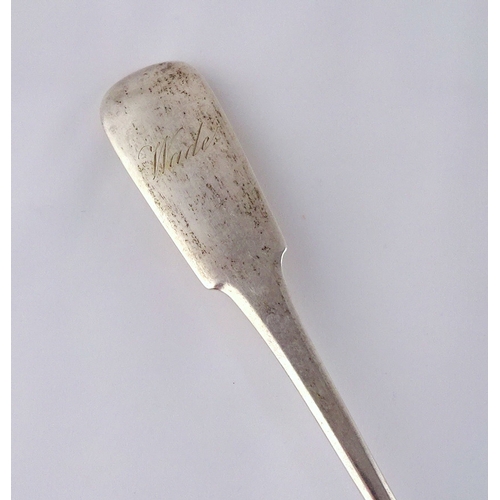 32 - A Scottish provincial silver fiddle pattern serving spoon engraved 