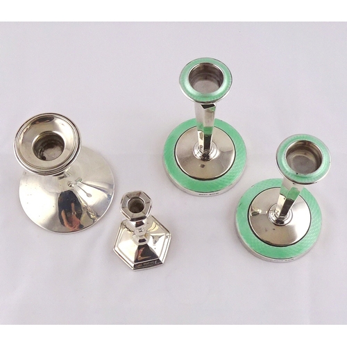 49 - A pair of Art Deco influence dressing table candlesticks, silver and enamel, Birmingham 1937, 130mm ... 