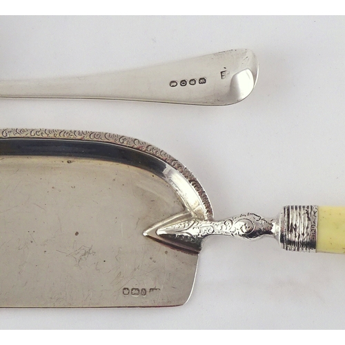 51 - A Victorian silver and ivory crumb scoop, Sheffield 1896 327mm long; a George III silver crumb scoop... 