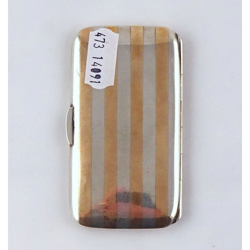 60 - A silver card case, silver having inlaid yellow metal stripe decoration and applied initials EP, the... 
