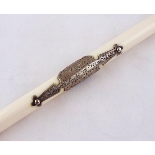 77 - A Victorian conductor's baton having white metal mounts bearing Masham Choral Society presentation i... 
