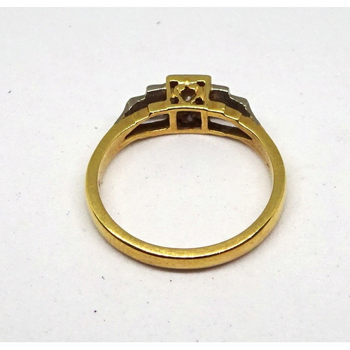 100 - A ring comprising a single brilliant cut white stone set in a square setting with raised, stone set ... 