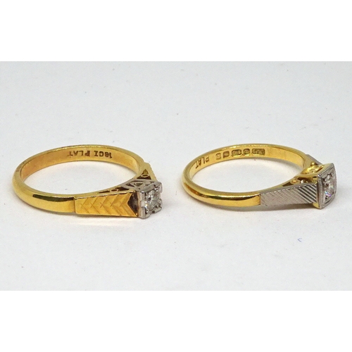 108 - Two rings each comprising a single brilliant cut white stone set in a square setting with textured s... 