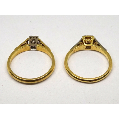 108 - Two rings each comprising a single brilliant cut white stone set in a square setting with textured s... 