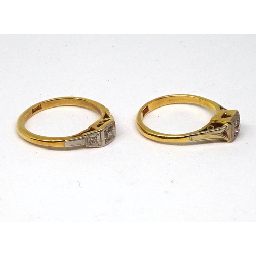 109 - Two rings each comprising a single brilliant cut white stone set in a square settings, yellow and wh... 