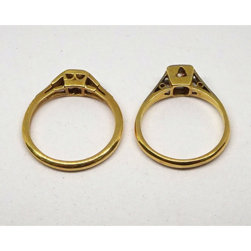 109 - Two rings each comprising a single brilliant cut white stone set in a square settings, yellow and wh... 