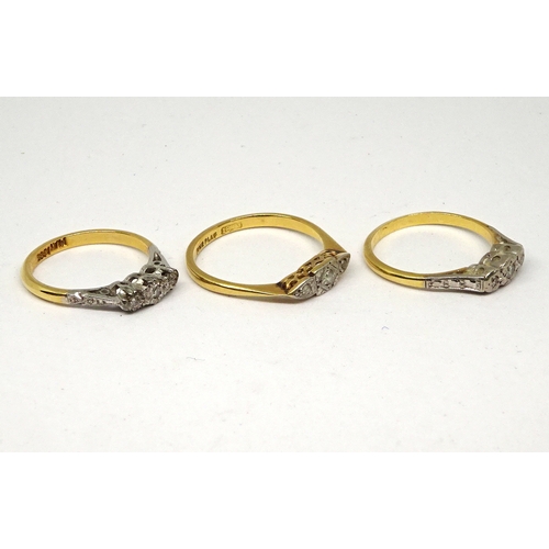 110 - Three trilogy rings comprising small white stones in yellow and white metal settings marked 18ct & P... 