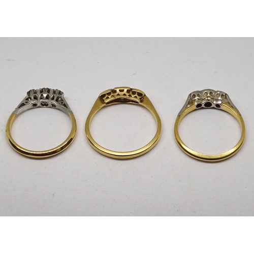 110 - Three trilogy rings comprising small white stones in yellow and white metal settings marked 18ct & P... 