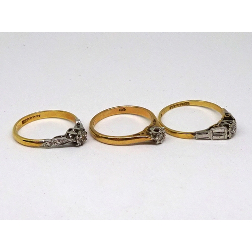 126 - Three ring, yellow and white metal incl an 18ct gold example each set with small white stones. (by i... 