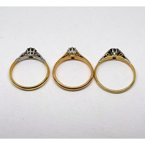 126 - Three ring, yellow and white metal incl an 18ct gold example each set with small white stones. (by i... 