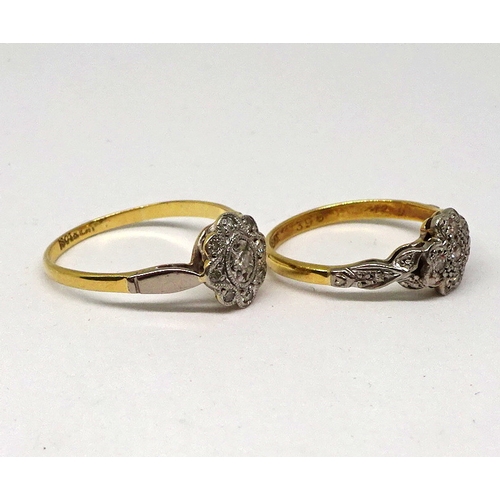 130 - A cluster ring, yellow and white metal marked 18ct & Plat set with small brilliant cut white stones ... 
