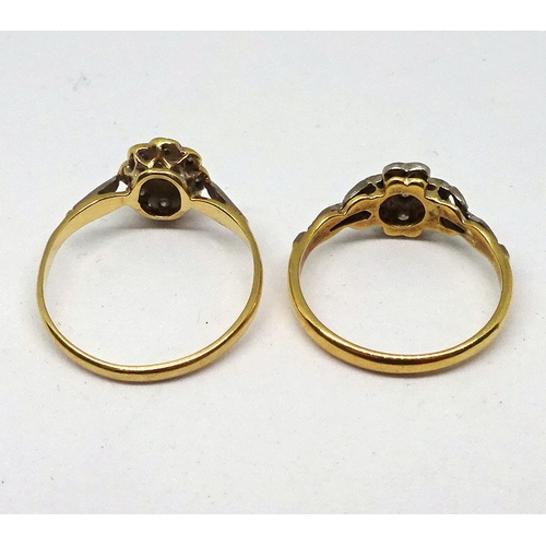 130 - A cluster ring, yellow and white metal marked 18ct & Plat set with small brilliant cut white stones ... 