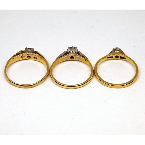 165 - Three various solitaire rings, yellow metal set with brilliant cut white stones. (by instruction of ... 