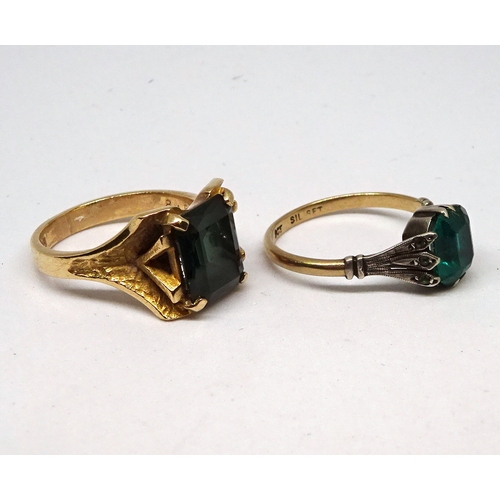 172 - A ring, 9ct gold set with a single cushion cut dark stone, K 1/2 / 4gr gross / stone 9.5 x 8mm; anot... 