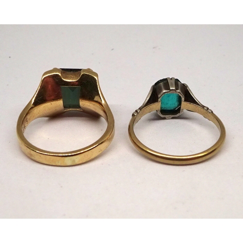 172 - A ring, 9ct gold set with a single cushion cut dark stone, K 1/2 / 4gr gross / stone 9.5 x 8mm; anot... 