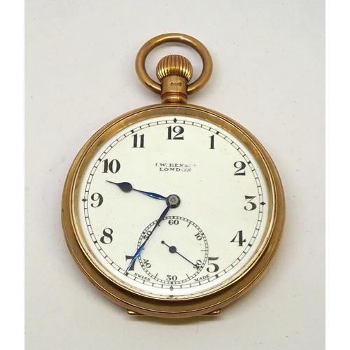205 - A J W Benson pocket watch having a Swiss keyless wind lever movement in a 9ct gold case.  49mm diame... 