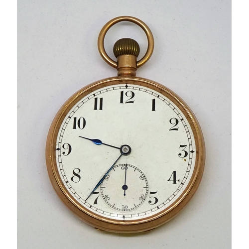 206 - A pocket watch having a Swiss keyless wind lever movement in a 9ct gold case, glass lacking.  47mm d... 