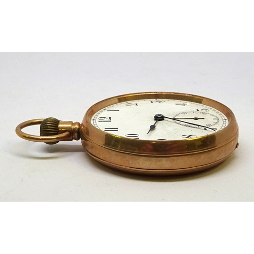 206 - A pocket watch having a Swiss keyless wind lever movement in a 9ct gold case, glass lacking.  47mm d... 