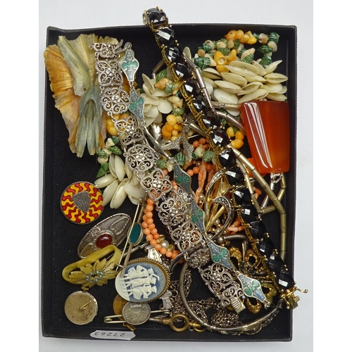 258 - An Arts and Crafts influence white metal and enamel panel bracelet, a gilt white metal stone set bra... 