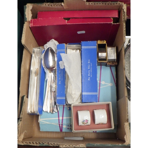 276 - Two silver napkin rings, silver plated cutlery etc