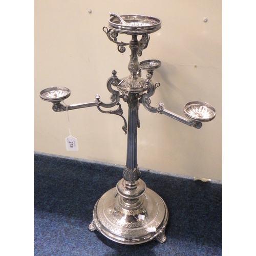 278 - A Victorian silver plated three branch table centre, a/f parts lacking