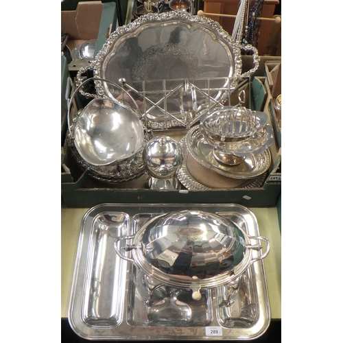 289 - A silver plated breakfast warmer having revolving lid; a silver plated meat tray, silver plated swin... 