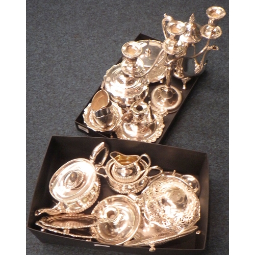 294 - A silver plated three branch candelabra, a silver plated chamber stick having engraved armorial, oth... 