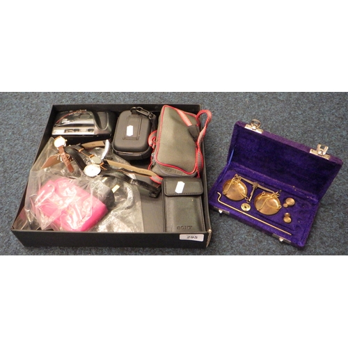 295 - A Tissot Stylist and three other wristwatches; various cameras, a jewellers scales.
