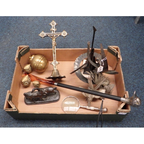 420 A - A brass crucifix together with two plated cockerels, a modern sculpture etc.