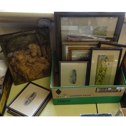 18 - A selection of prints together with a moulded plaque.