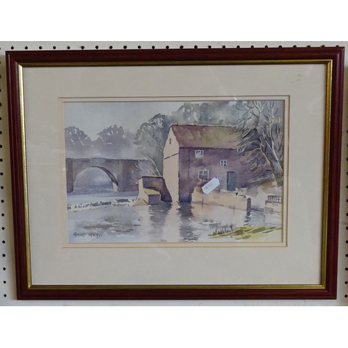 43 - Angus McKay watercolour, Mill on the weir Durham together with a picture of a Village green indistin... 