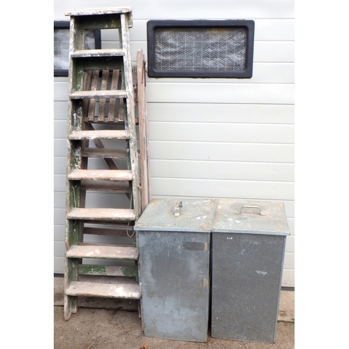 506 - Two galvanized bins and two sets of step ladders