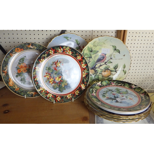 103 - Six Royal Doulton Hummingbird cabinets plates together with a set of six Spode British birds cabinet... 
