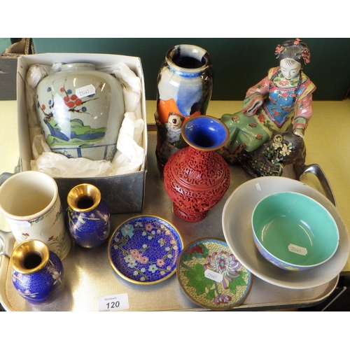 120 - A cinnabar lacquer vase, cloisonné enamel vases, oriental ceramics etc, some a/f