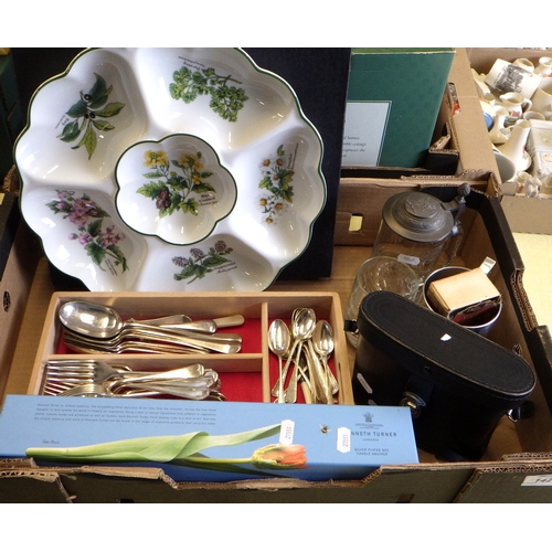 142 - Silver plated cutlery, a pair of binoculars, a Royal Worcester serving dish etc